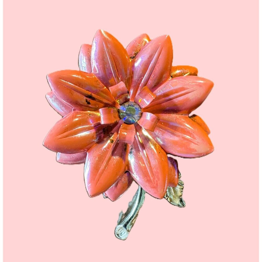 Vintage Enameled Metal Orange Metal Flower crystal center, gold tone stem brooch
